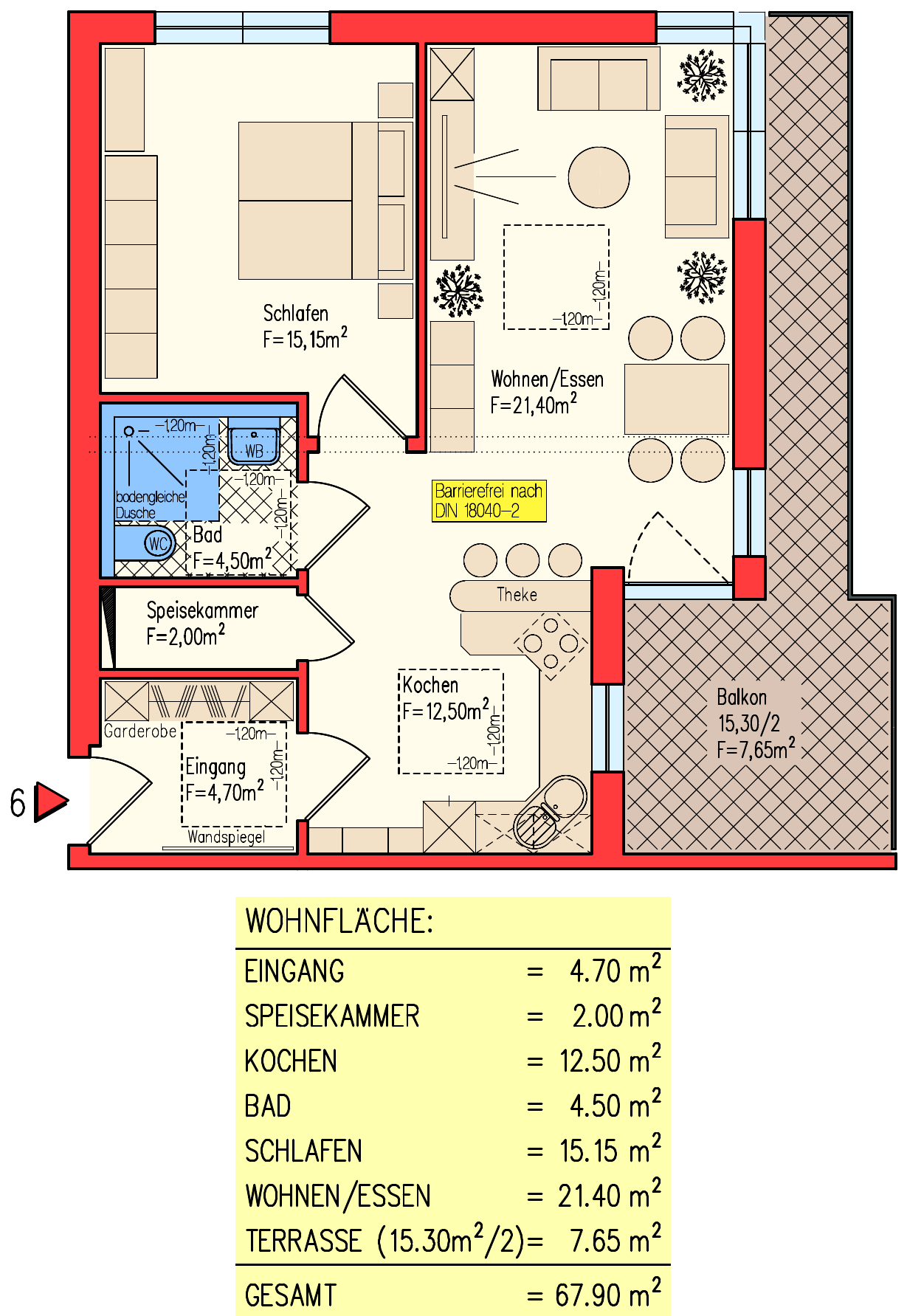Grundriss Wohnung 6 — 2-Zimmer-Neubauwohnung 67,90 m², Staffelgeschoss, Schillerstraße 12 Neunkirchen-Wiebelskirchen