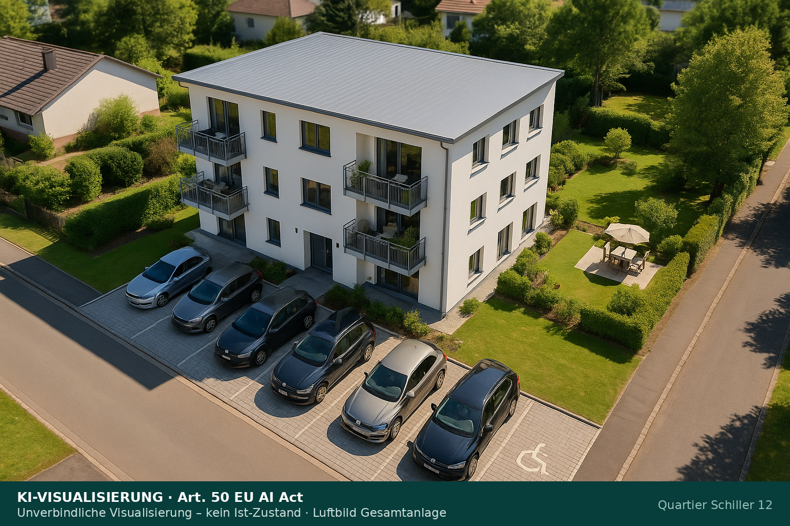 Luftbild-Visualisierung der Gesamtanlage mit sechs Stellplätzen und Garten