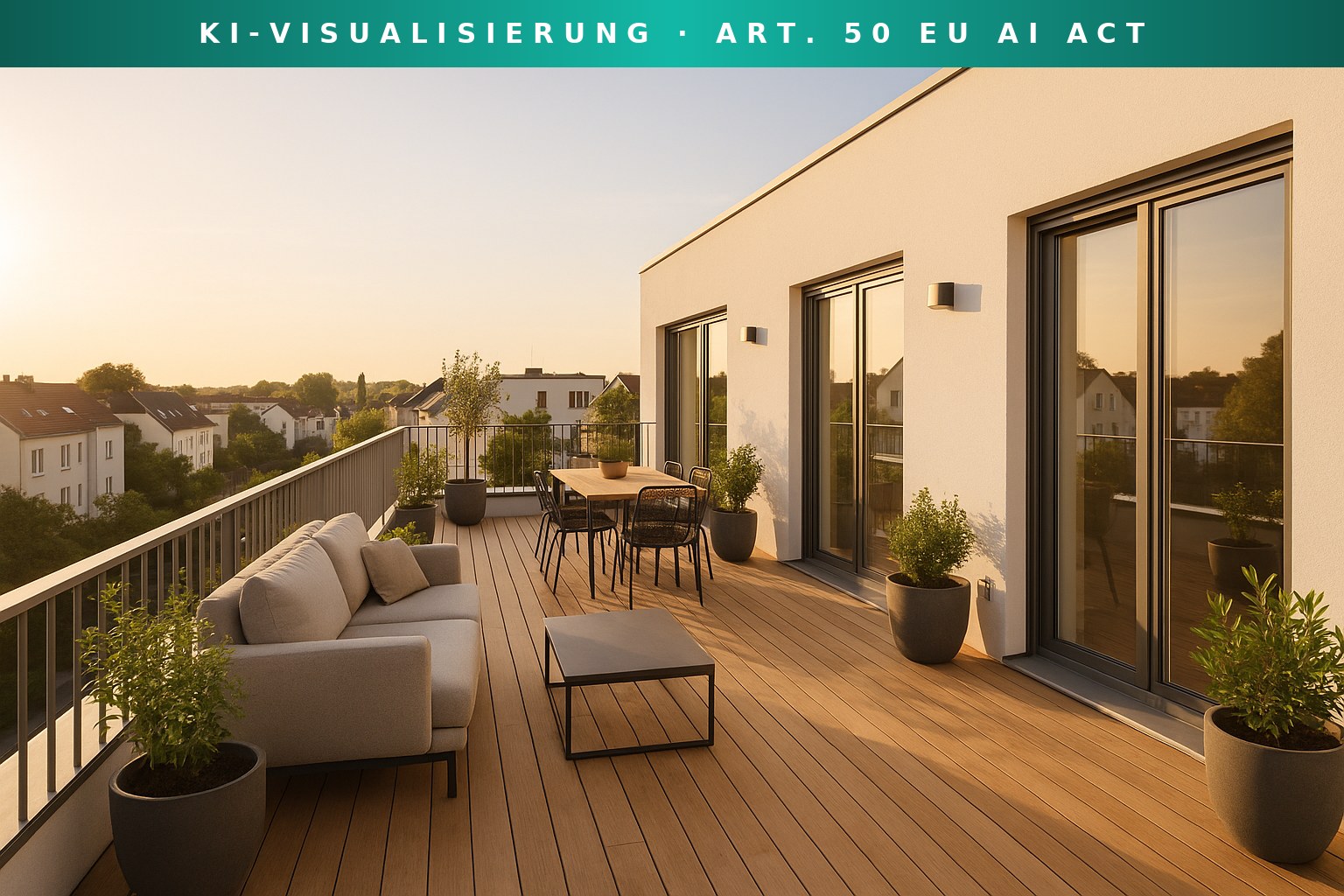Große Dachterrasse im Staffelgeschoss am Abend