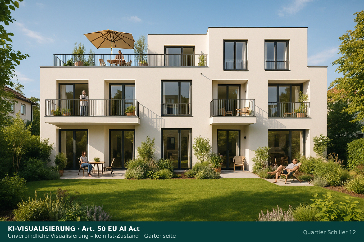 Visualisierung der Gartenseite mit Terrassen, Balkonen und Dachterrasse