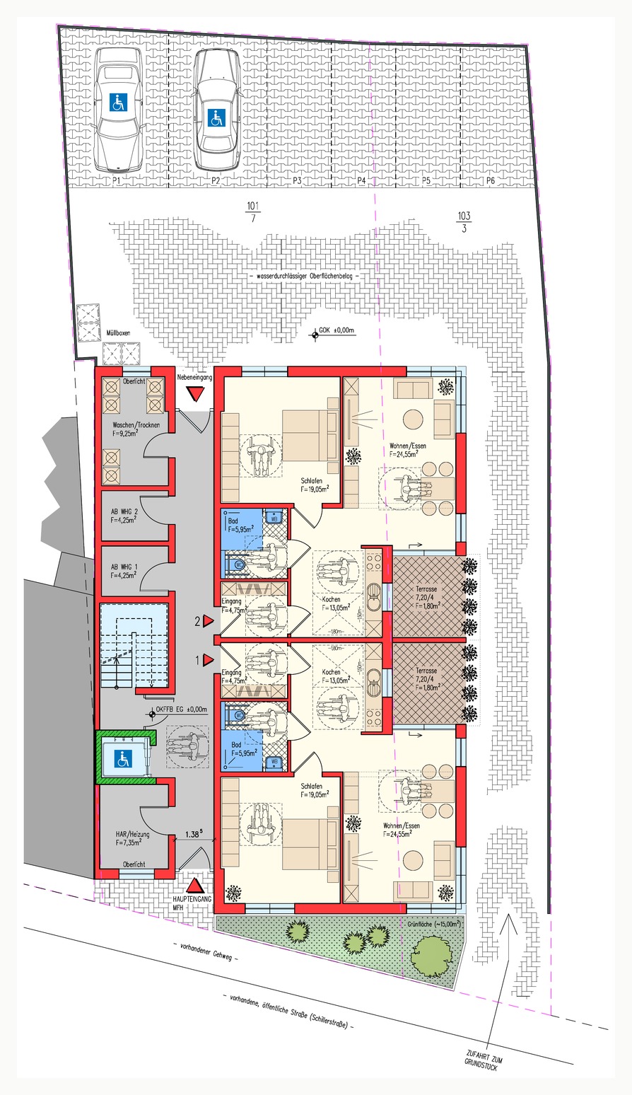 Lageplan Quartier Schiller 12 — Gebäude, sechs Stellplätze, Zufahrt und Garten-Terrassen, maßstäblich