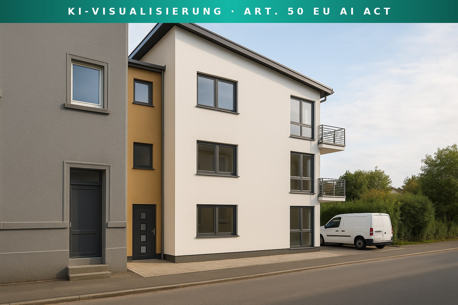 Straßenansicht des Neubaus mit angebautem Nachbargebäude